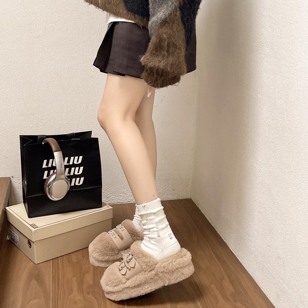 Baotou Mao Mao slippers women's outer wear 2025 new autumn and winter niche high-end fashion belt buckle heightening cotton mop
