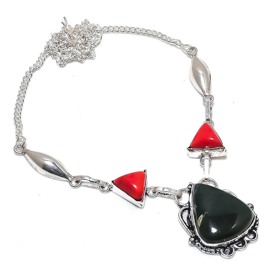 Natural Indian Moss Agate, Coral 925 Sterling Silver Jewelry Necklace 18" Z5V88