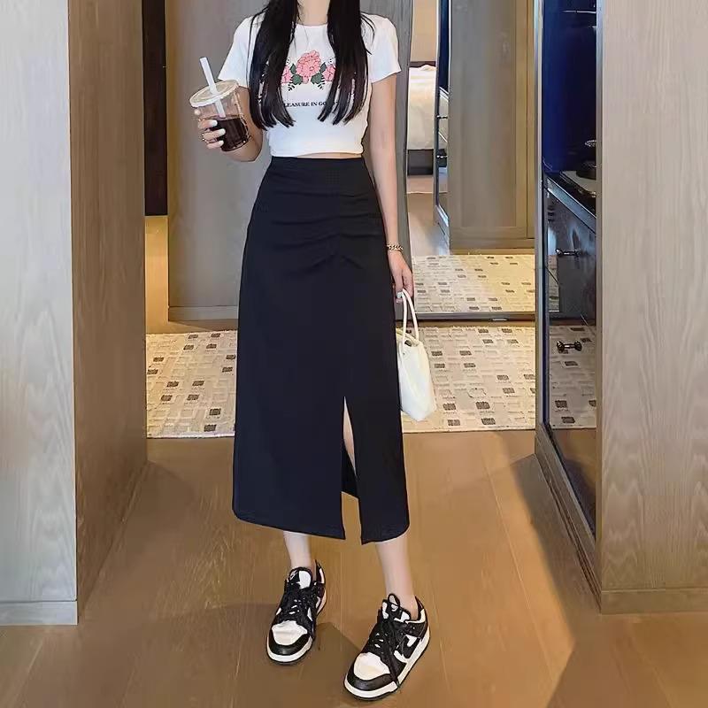 Women's Black High-Waisted Pleated Midi Skirt with Slit - Summer 2024 Collection