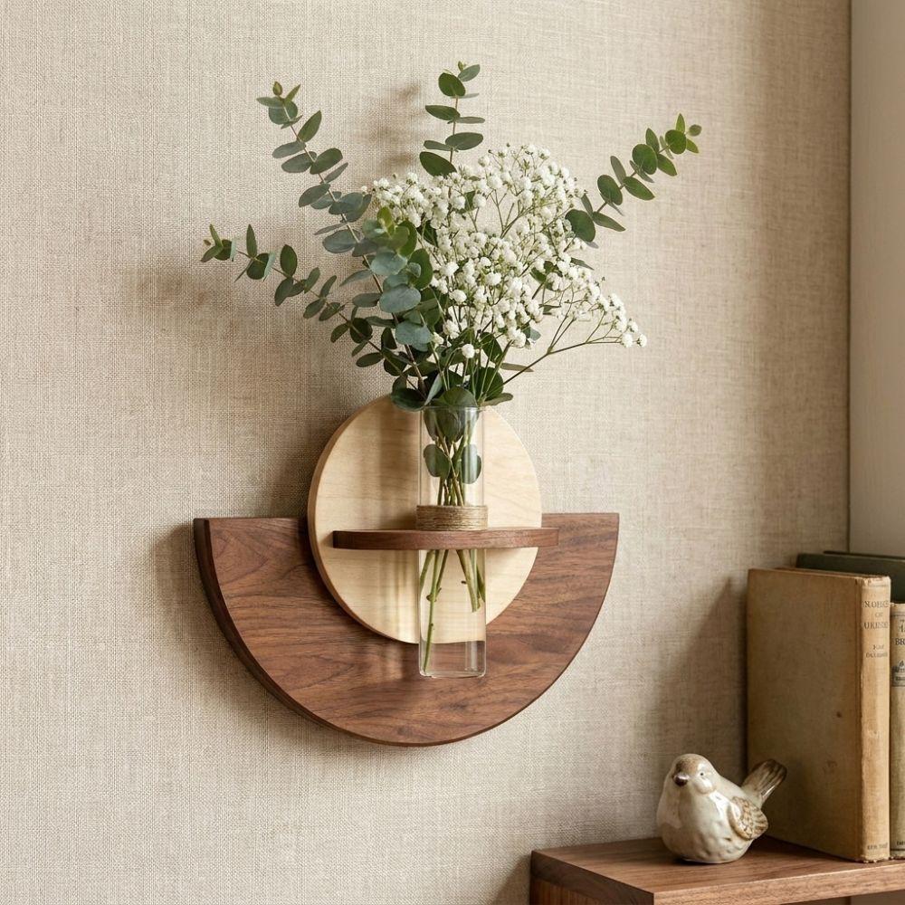 Oval Wood Wall Mount Flower Shelf Hydroponic Display Thick Wall Flower Vase Space Saving Hanging Plant Panel Living Room