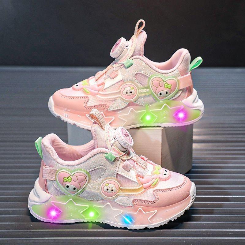 Rotary Buckle Mesh Glowing Sneakers for Girls Spring Autumn Breathable Running Shoes Cartoon Light Up Kids Shoes size 25