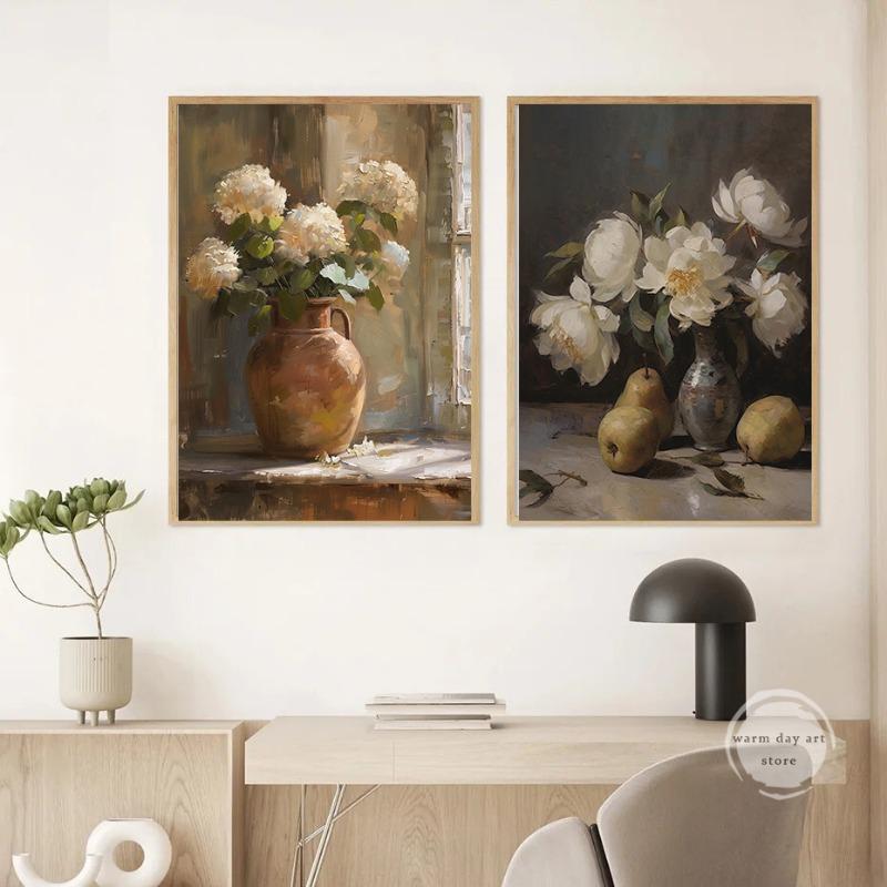 Spring Flowers Painting In Vintage Vase Moody Peonies Rose Poster Vintage  Still Life Art Canvas Print Botanical Farmhouse Decor