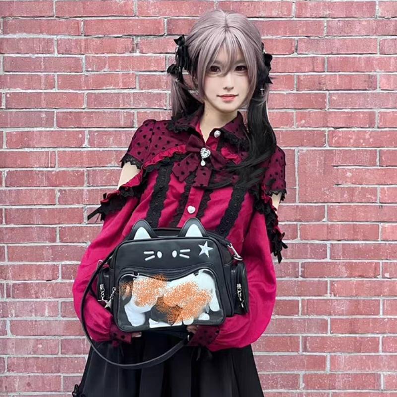 New Korean Kawaii Cat Ita Bag Cute PU Shoulder Bag Girls Transparent Pocket Harajuku Crossbody Bag Women's Fashion Backpacks