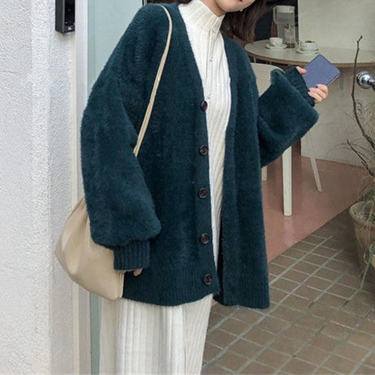 Mink Cashmere V-Neck Knit Cardigan: 2026 Spring/Autumn Korean Style Loose Sweater Coat for Women