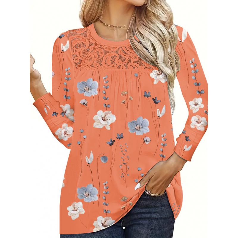 New Women's fashion Tops Neck Lace Printed Long Sleeve Flower Color T-shirt