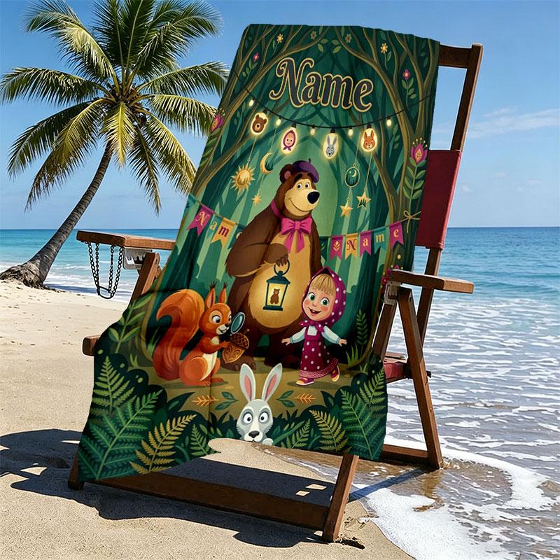 Custom Name Personalized Masha and the Bear Print Beach Towel, for Trip Camping Beach Party Home Decor, Birthday Gift for Family & Friends