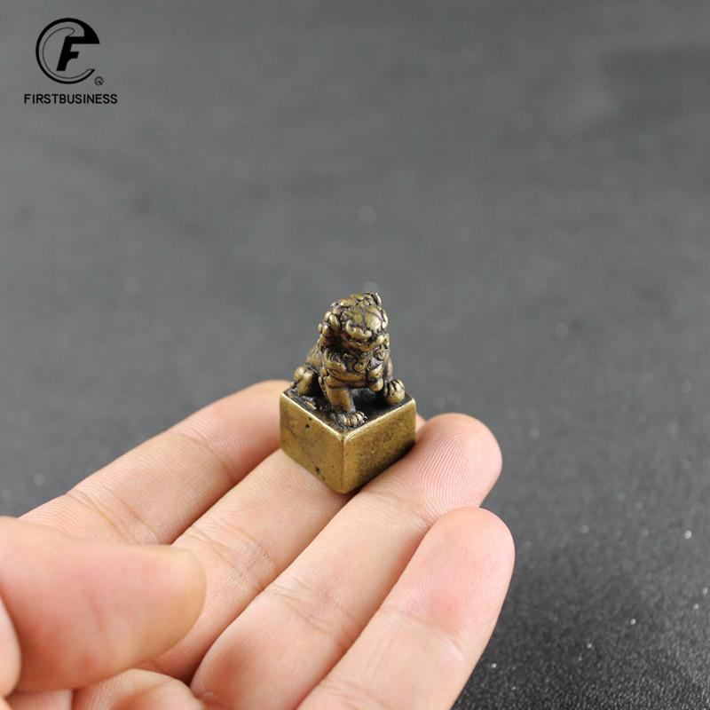 Solid Pure Brass Small Lion Seal Statue Chinese Feng Shui Lucky Home Decorations Ornaments Lovable Animal Figurines Desk Decor
