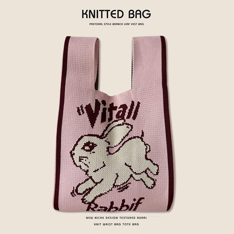 

Вязаная сумка через плечо с кроликом, ручная сумка большой емкости с подарочной сумкой для рук One Size