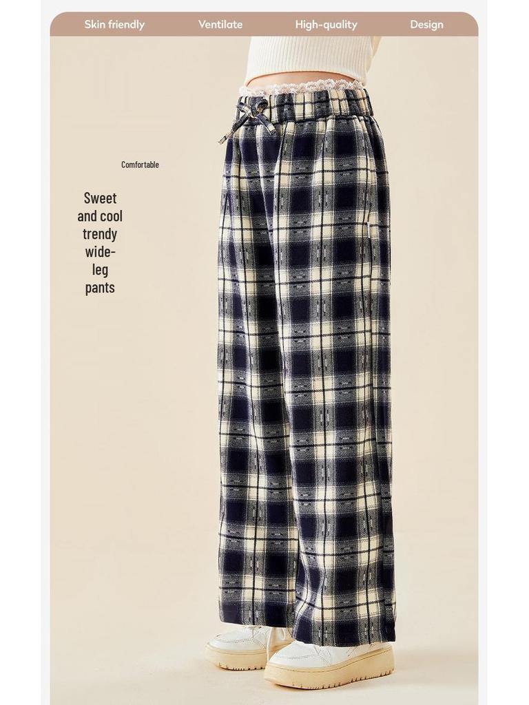 Dívčí krajkové kalhoty s vysokým pasem a širokými nohavicemi s kostkovaným vzorem - Móda podzim 2025