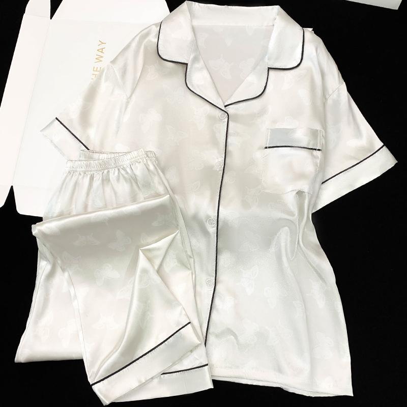 Butterfly Texture Printed Loungewear Women'S Summer Ice Silk Short-Sleeved Trousers Can Be Worn Outside Pajamas