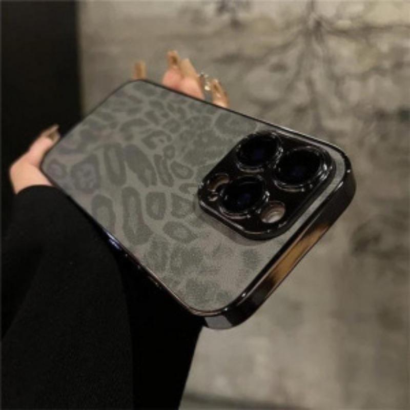 Applicable To Apple IPhone16Promax Leather Electroplating Full Inclusive Mobile Phone Case 15P Leopard Print Ins Comes with Lens Film