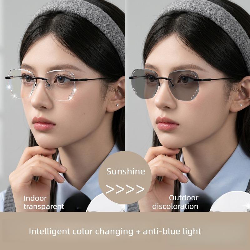 Stylish Rimless Photochromic Glasses , Rhinestone Decor Anti Blue Light Eyewear for Women, Adjustable Lens Strength 0 To -4.0, Ideal Holiday Gift