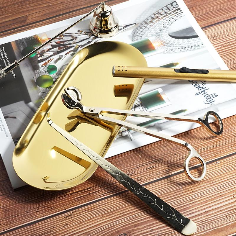 Aroma Candle Tool Kit: Wick Trimmer, Snuffer, Extinguishing Hook, and Tray.