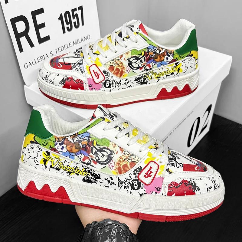 2024 Neueste Graffiti Color Blocked Herren Casual Sportschuhe Modische und Vielseitige Herren Leder Board Schuhe Größe 39-44