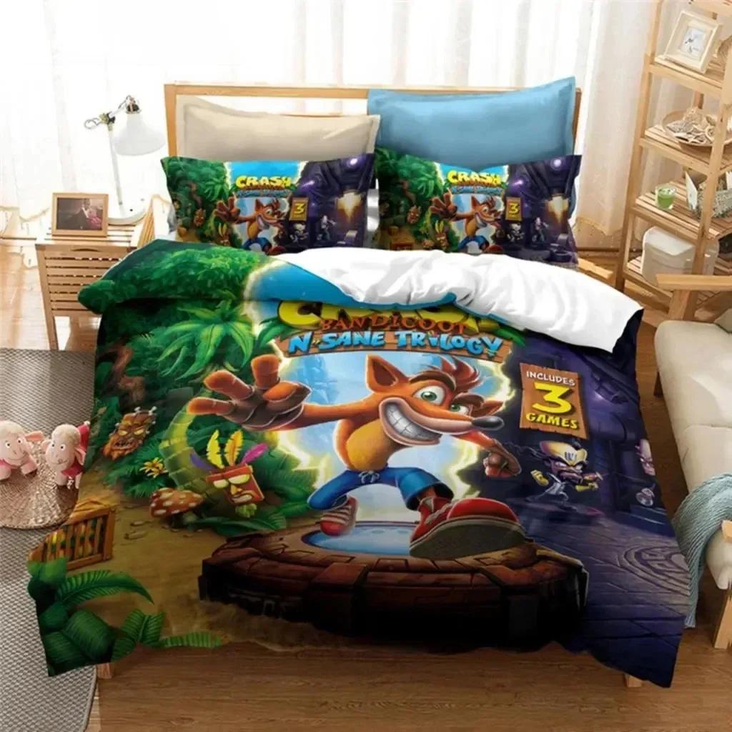 Crash Bandicoot Bettwäsche-Set für Jungen und Mädchen, Einzel- und Doppelbettgröße, Bettbezug, Kissenbezug, Kinder- und Erwachsenenmode, Heimtextilien