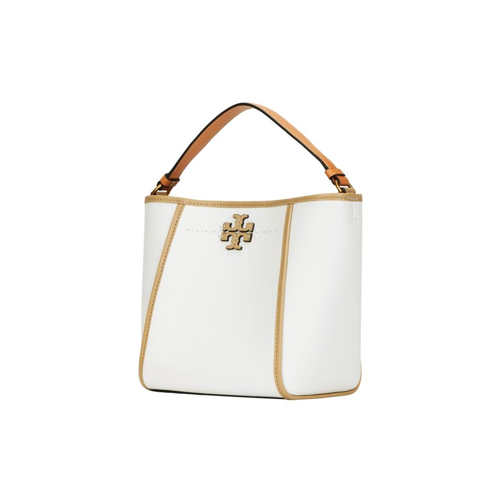 Tory Burch Mcgraw Solid Color Stitching Hardware Buckle Magnetic Buckle Double T Logo Leather Bucket Handbag Small Women Handbags White 148635-100