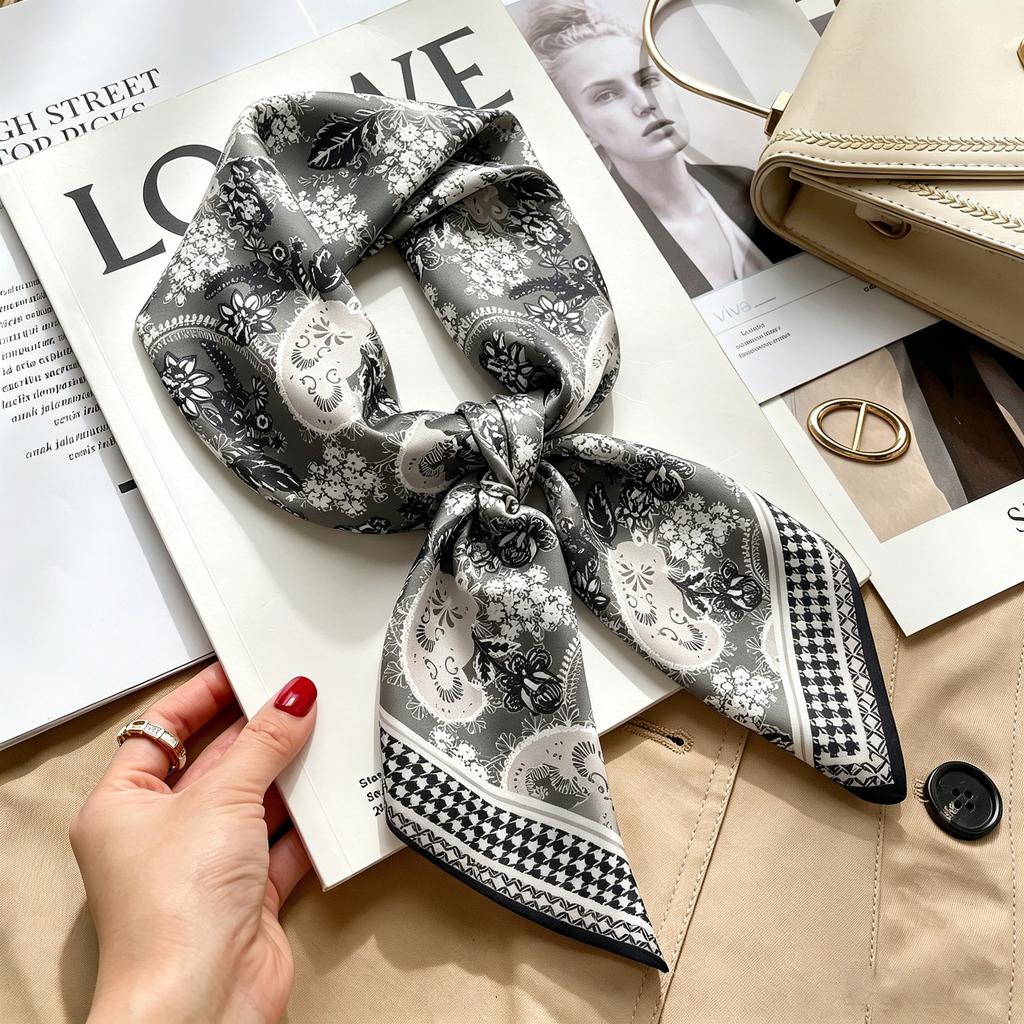 Commuter elegant flower silk scarf women's contrasting color retro printing satin scarf shirt with multi-purpose decorative small scarf