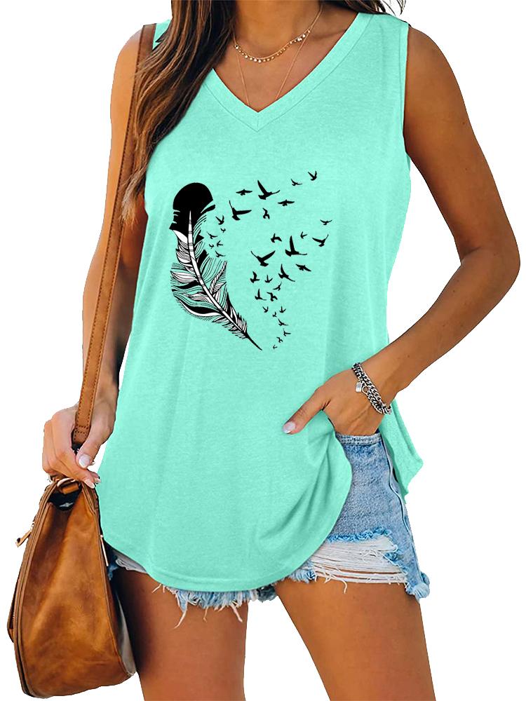 Women Fashion V Neck Printed Sleeveless Top Summer Casual Pullover Loose Tank Top