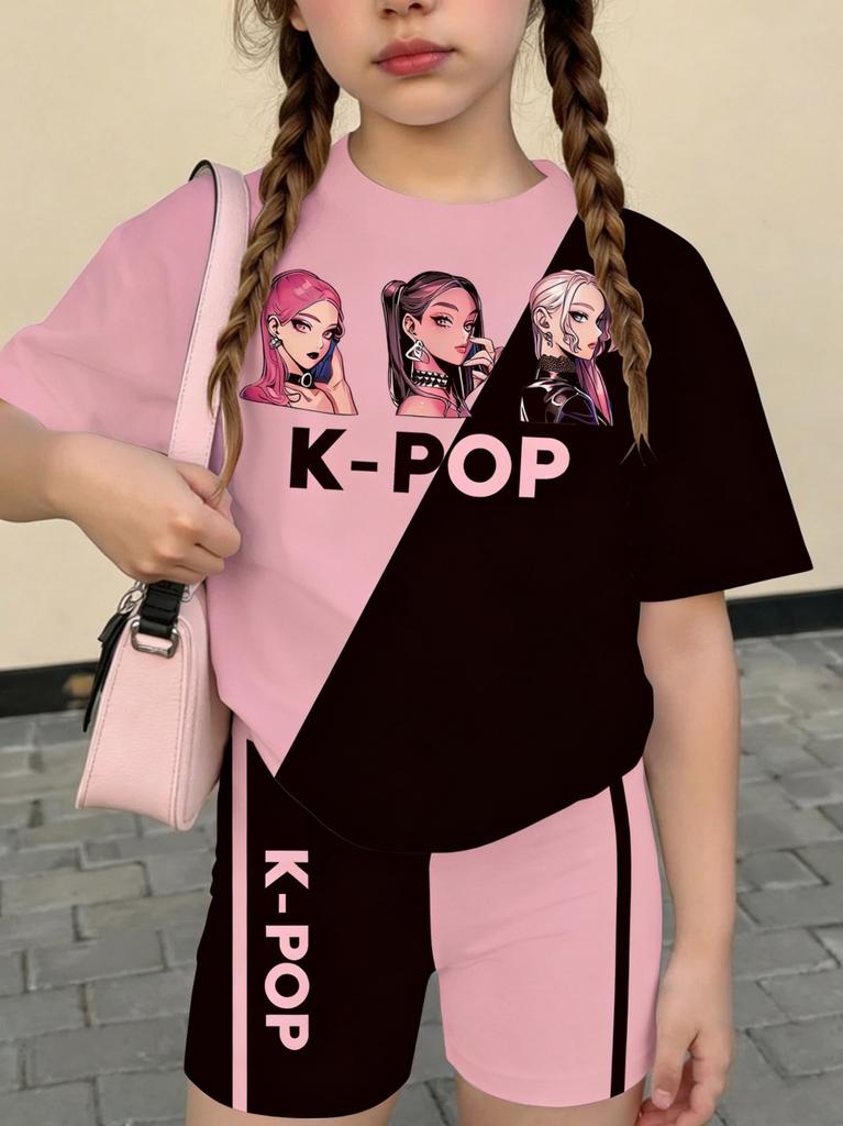 Lässige Kpop Beliebte Cartoon-Print Sommerkleidung für Mädchen Rundhals Kurzarm und Shorts Tägliche Kleidung Kinderkleidung Mädchen