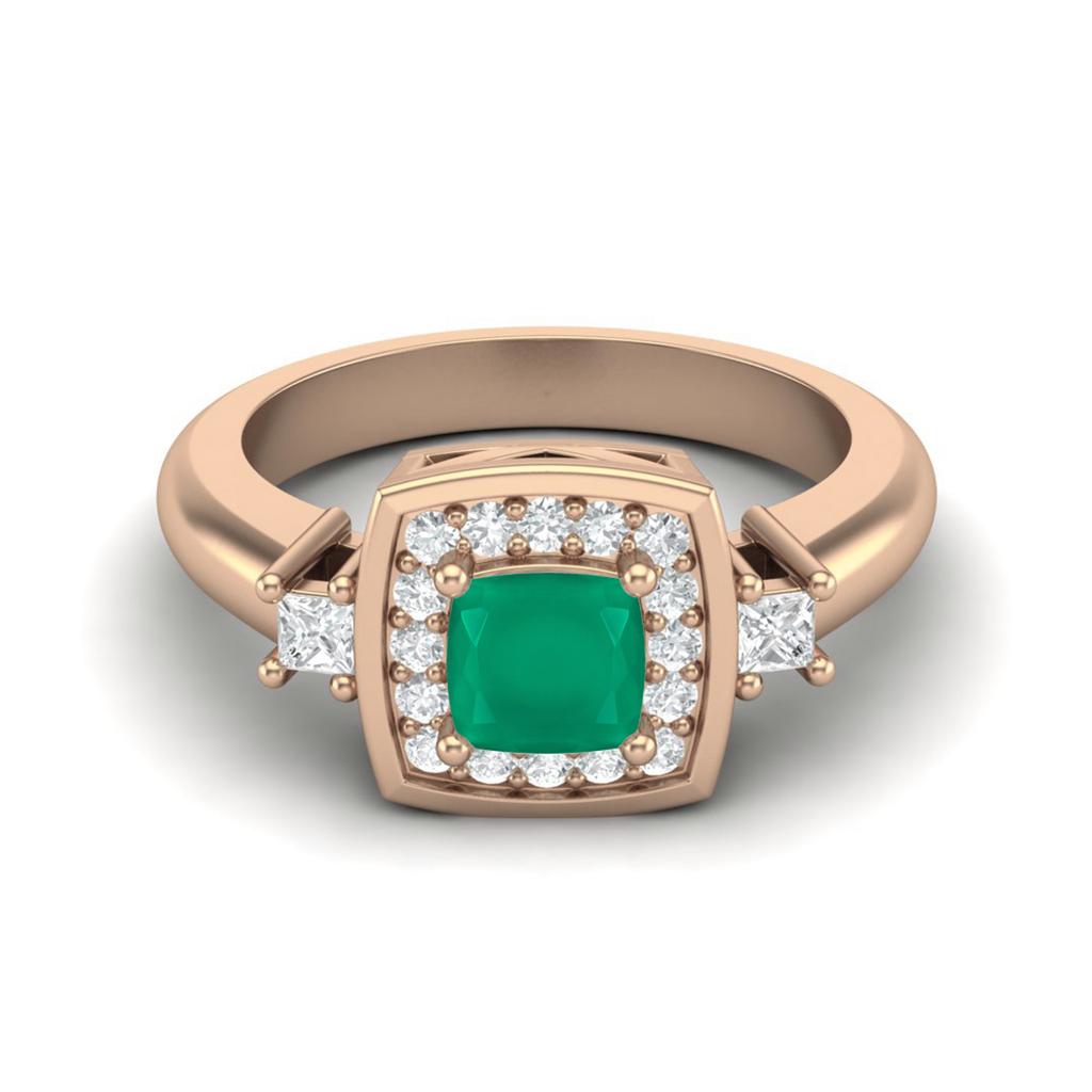 5 MM Cushion Natural Emerald 925 Sterling Silver Rose Vermeil Side Stone Women Wedding Bridal Ring