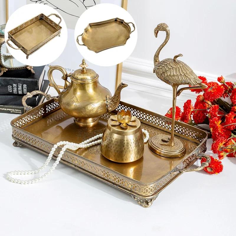 Large Fruit Dish Antique Tea Tray Brass Jewelry Display Plate with Handle Cosmetic Holder