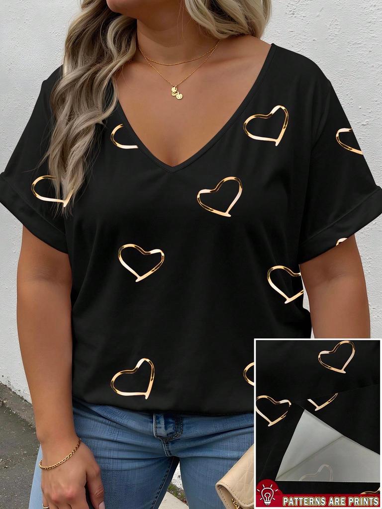 Plus Size Heart Design Pattern Printed T-shirts Summer Fashionable High Quality Short Sleeved Casual Sports V-Neck Pullover Tops
