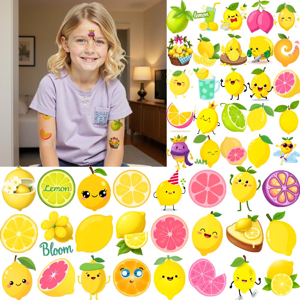 54pcs Temporary Tattoo Lemon Stickers Temporary Tattoo Stickers Fruit Stickers Cartoon For Girls Arms Shoulders