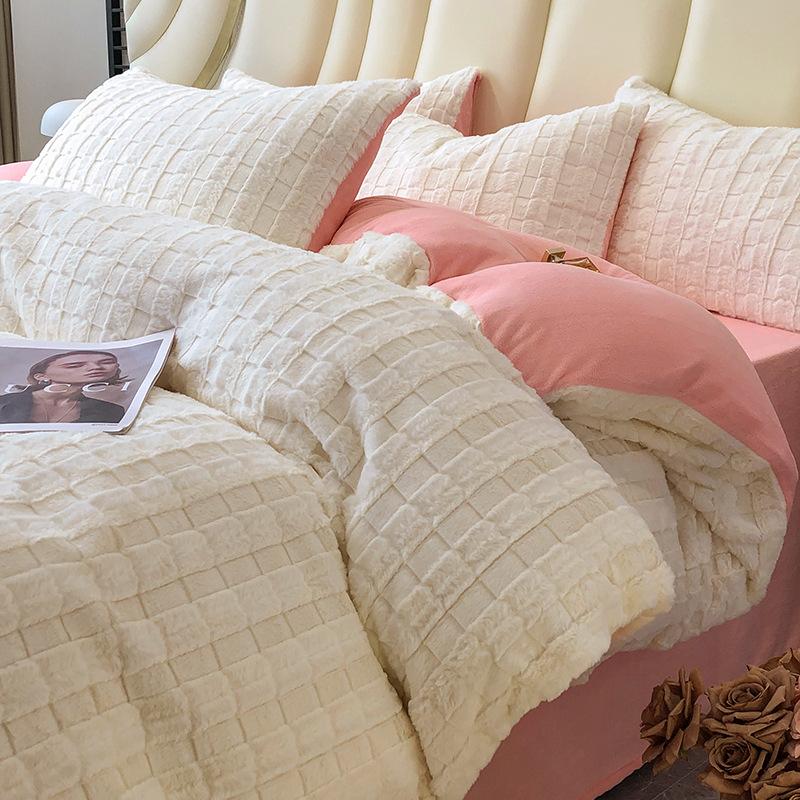 

Light Luxury Rabbit Plush Bed Four-Piece Set Thickened Milk Coral Fleece Quilt Cover Bed Sheet Dormitory Three-Piece Set 1.5m 4pc