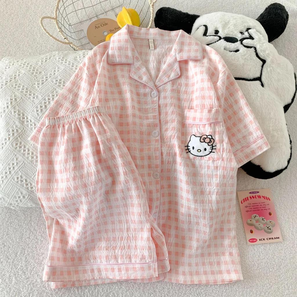 Women's Cartoon Cloud Cotton Pajama Set - Cardigan, Short Sleeve, Shorts, Home Wear