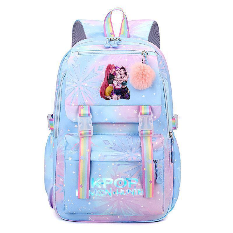 Korean Style School Backpack Teenagers Large Capacity Nylon Bookbag With Padded Straps Cartoon Print Unisex Student Bag