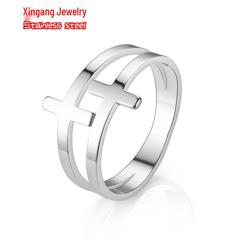 European & American Creative Hollow Double-Layer Cross Ring for Couples