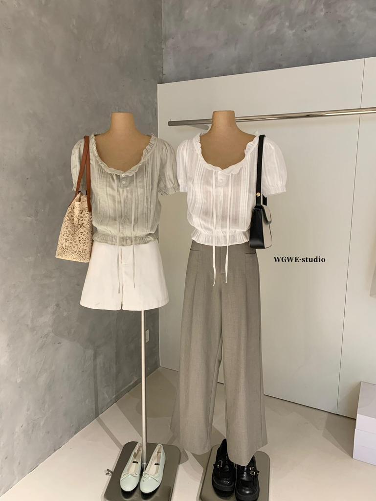 Spring/Summer Women's Puff Sleeve Lace-up Waist Cinching Cropped Shirt