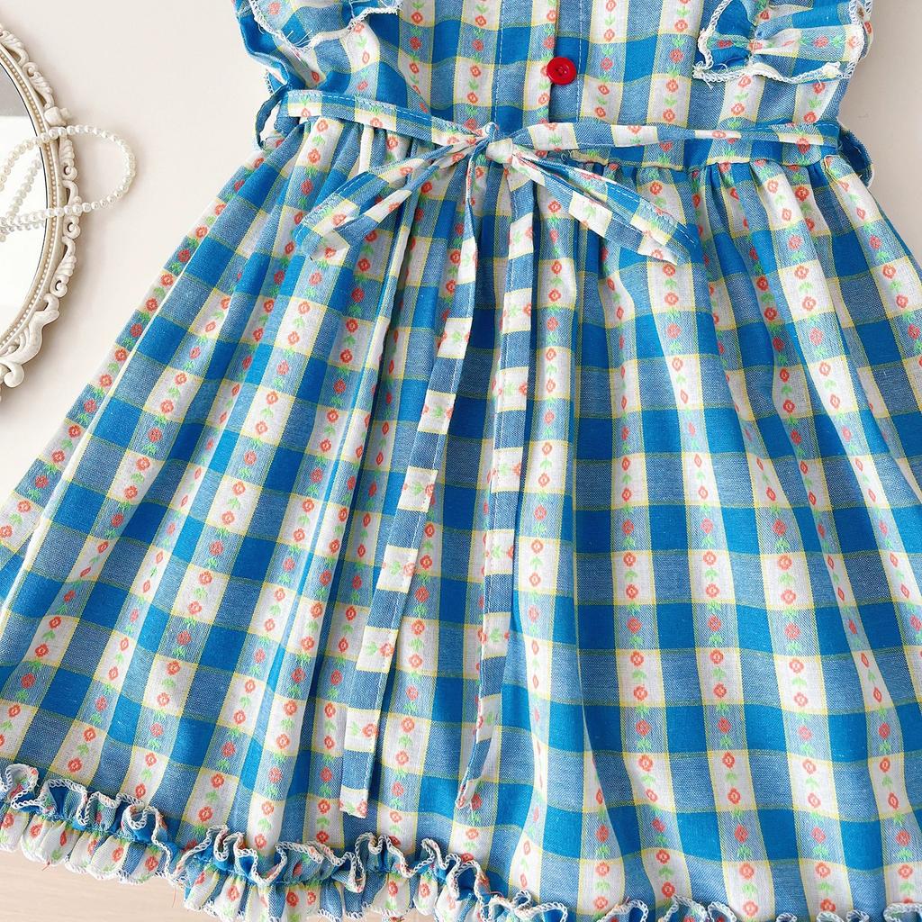Girls' Princess Dress Plaid Vest Dress, Children's Flying Sleeve Dress, Summer Casual Girls' Dress