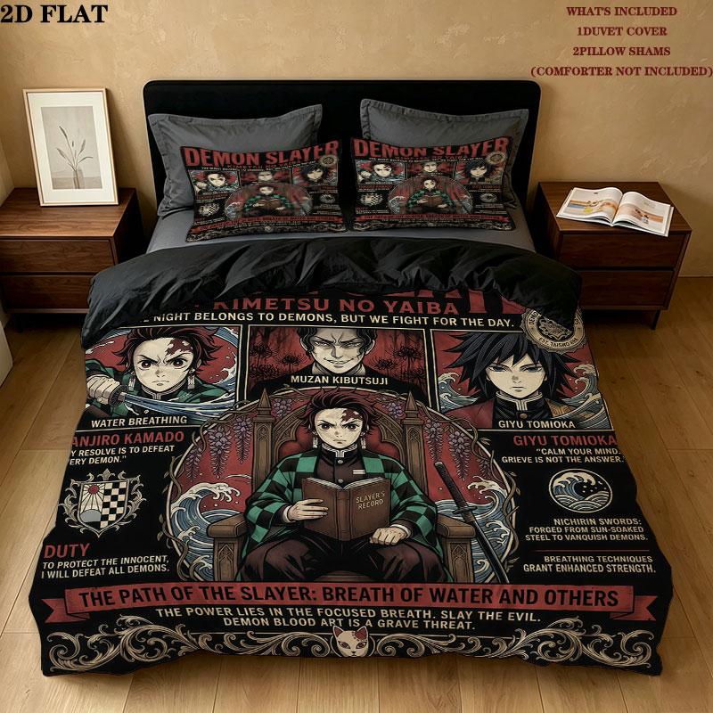 Demon Slayer Kimetsu No Yaiba Pattern Bedding Quilt Set Quilt Cover Pillowcase Home Birthday Gift(1 * Duvet Cover + 2 * Pillowcase, Without Core)