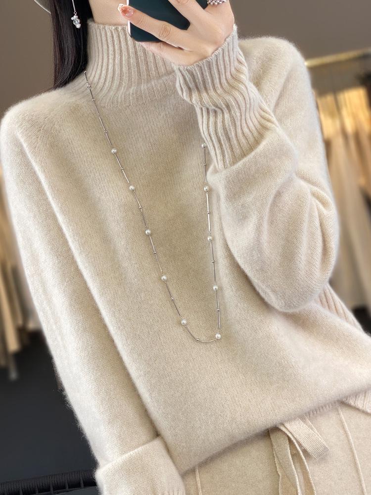 Women's High Neck 100% Wool Sweater - Loose Knit, Thick, Versatile, Cozy Base Layer for Autumn & Winter