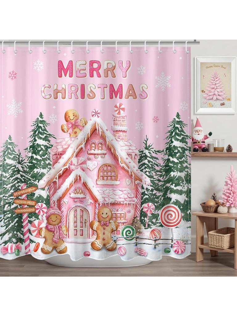 Pink Christmas Gingerbread Shower Curtain Cute Gingerbread House Shower Curtain For Pink Christmas Bathroom Decor Waterproof