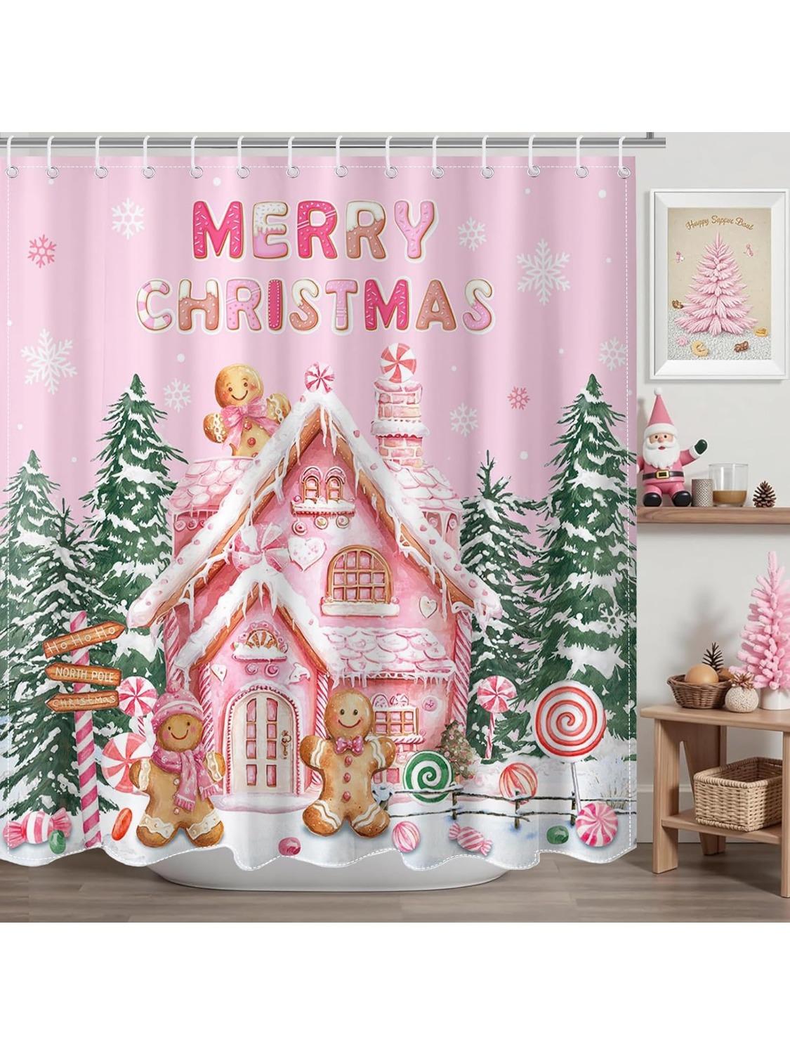 

Pink Christmas Gingerbread Shower Curtain Cute Gingerbread House Shower Curtain For Pink Christmas Bathroom Decor Waterproof W60H190(CM)-1 Pcs