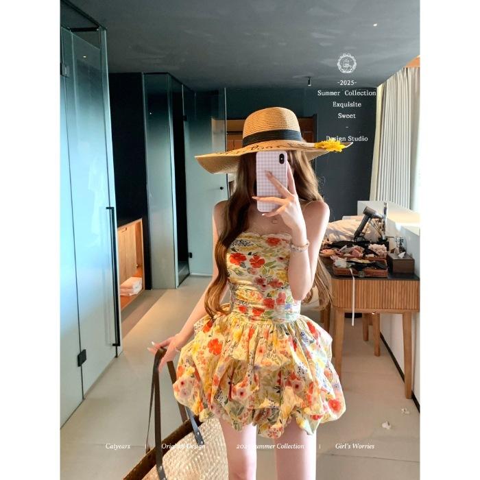 Flora French Fishbone Tub Top Set Women's Summer Spice Girls Vacation Fluffy Skirt Two-piece Set