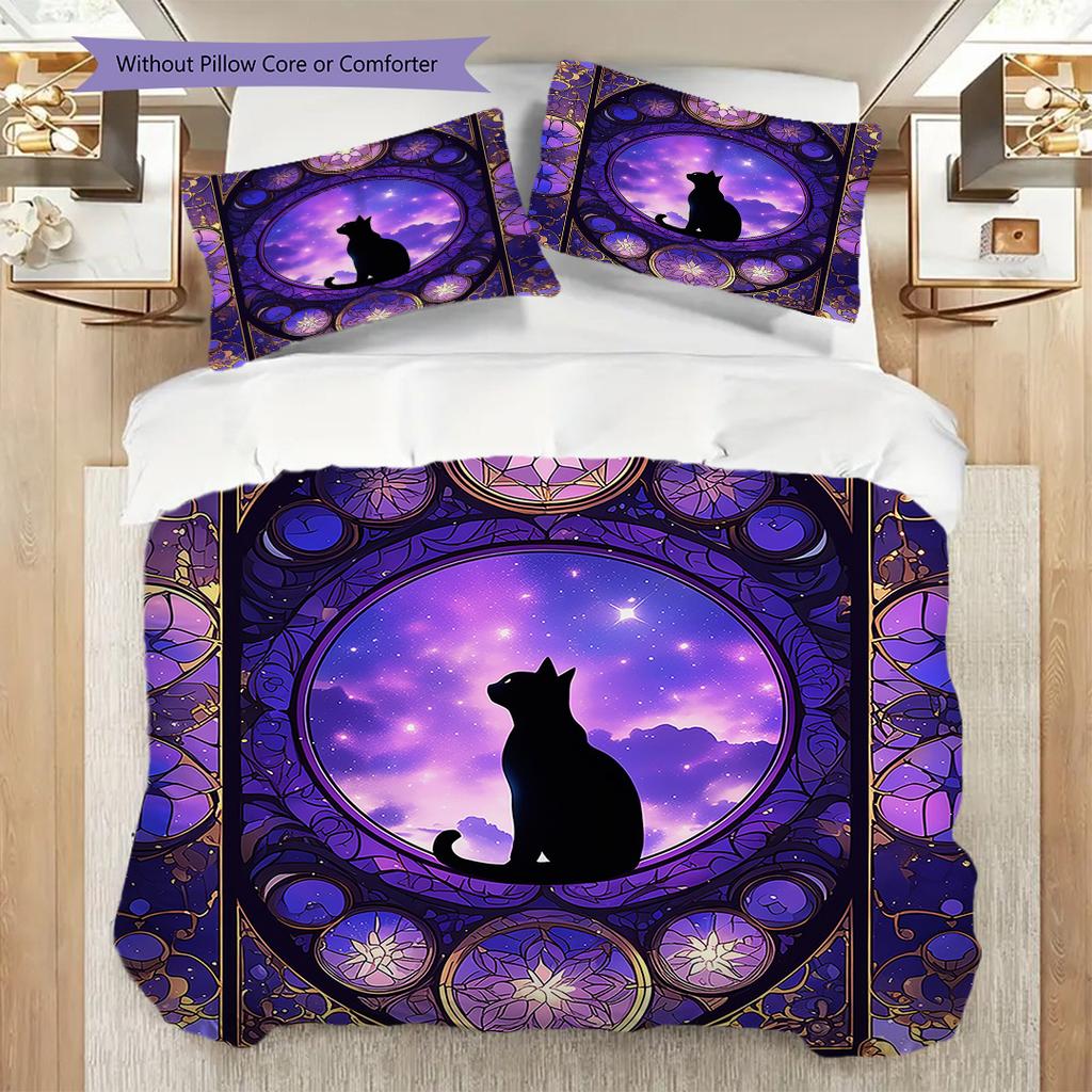 Black Cat Pattern Bedding Quilt Set Quilt Cover Pillowcase Home Decoration Birthday Gift (1 * Duvet Cover + 2 * Pillowcase, Without Core)