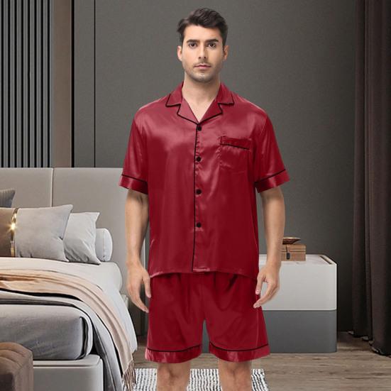 2 Teile/satz Männer Pyjamas Set Revers Kurzarm Einreiher Tops Elastische Taille Shorts Set Einfarbig Satin Nachtwäsche