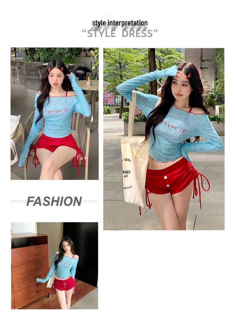 Retro Blue Slimming Four-Piece Bikini Cover-up Set for Women