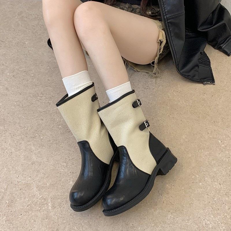 Skinny Medium Tube Pile Autumn Boots Thick Heel Splicing Women's Knight Boots Boots Belt Buckle Vintage Cowboy Boots