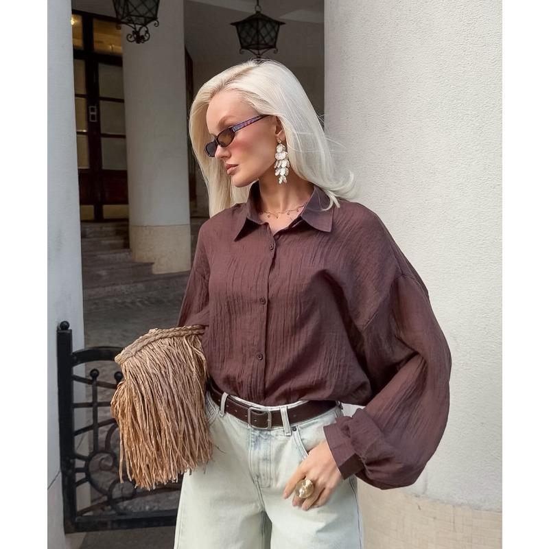 Women S Loose Lantern Long Sleeve Shirt Lapel Button Thin Sun Protection Cardigan