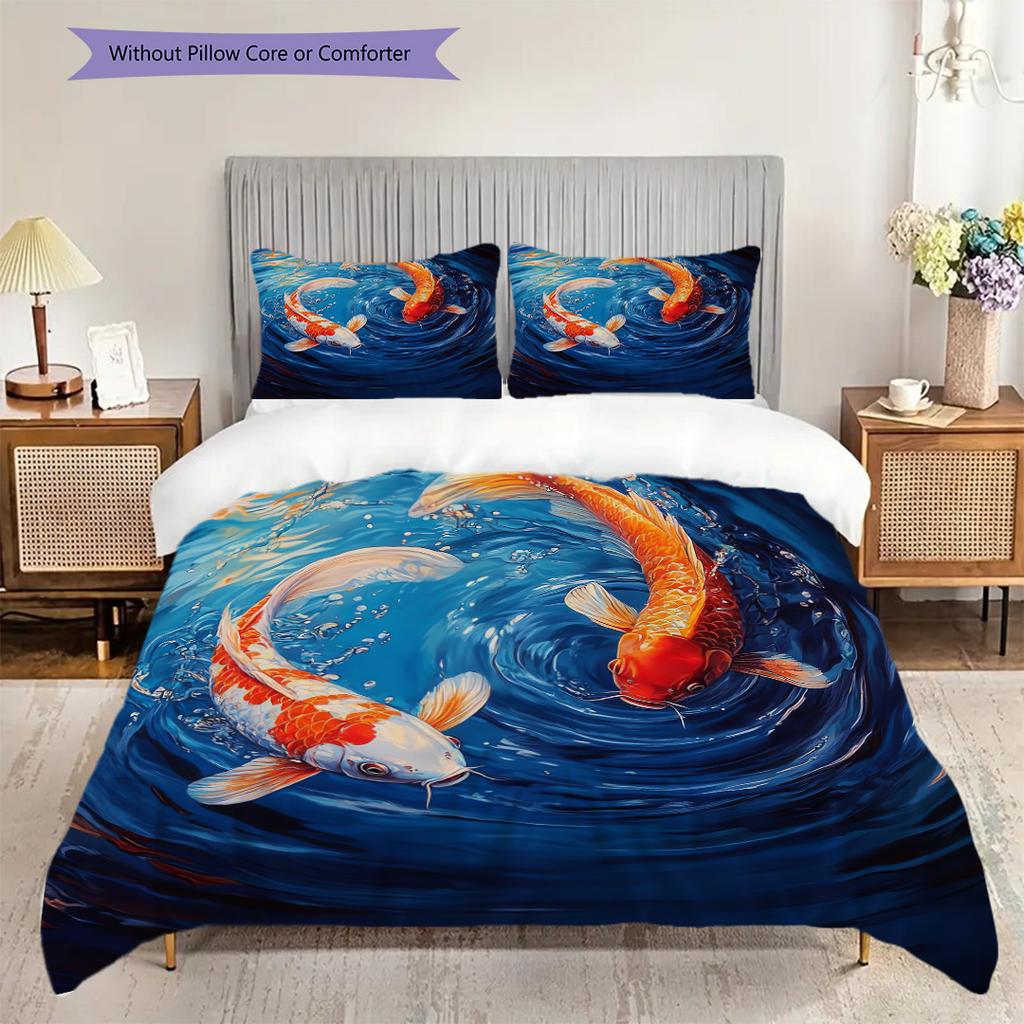 Koi Fish Pattern Bedding Quilt Set Quilt Cover Pillowcase Home Decoration Birthday Gift (1 * Duvet Cover + 2 * Pillowcase, Without Core)