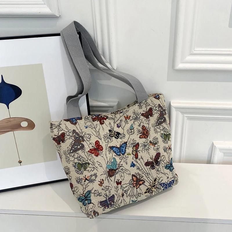 Canvas Zipper Shoulder Bag for Women Butterfly Print Casual Tote Bags Large Capacity Fashion