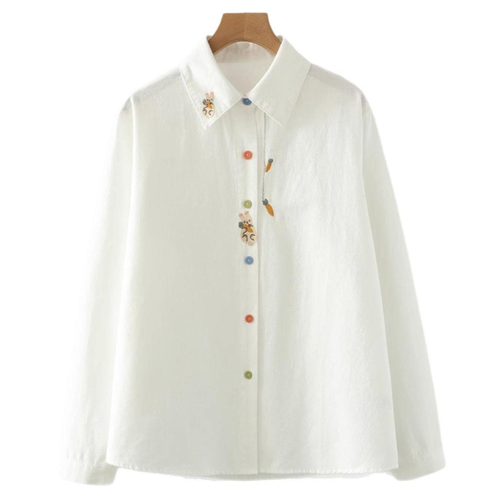 Women's Spring Embroidered Rabbit Radish White Blouse with Long Sleeves
