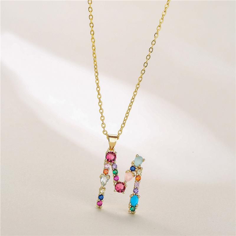 2021 Mixed Gemstone Inlaid Clavicle Necklace: 26-Letter Color-Preserving Electroplated Design for Women, Popular In Europe and America