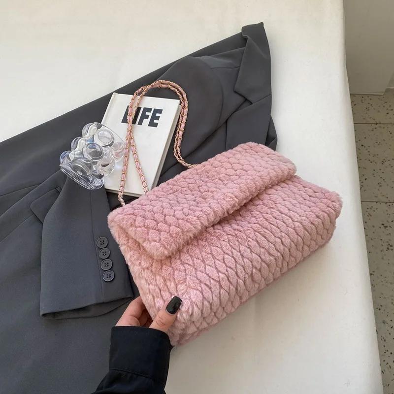 Handmade Fur Crossbody Bag with Chain Rhombic Embroidered Line Large Capacity New Fashion