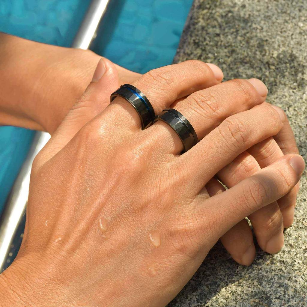 8mm Black Tungsten Steel Ring with Brushed Outer and Hammered Inner Finish - Style TCR-104B07.