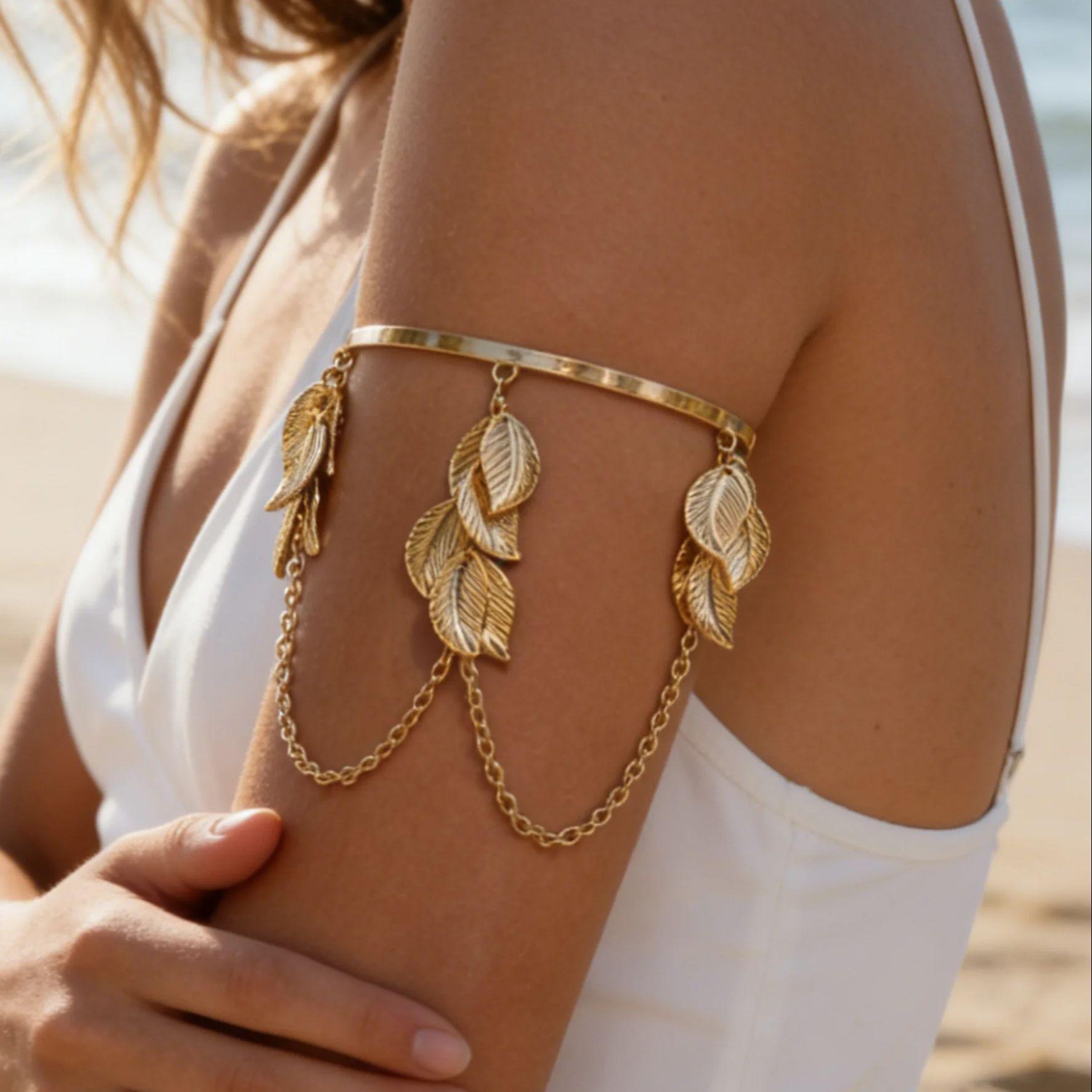 

Boho Multilayer Tassel Upper Arm Bracelet Adjustable Gold Color Leaf Arm Bangles Armlet for Women Vintage Fashion Jewelry